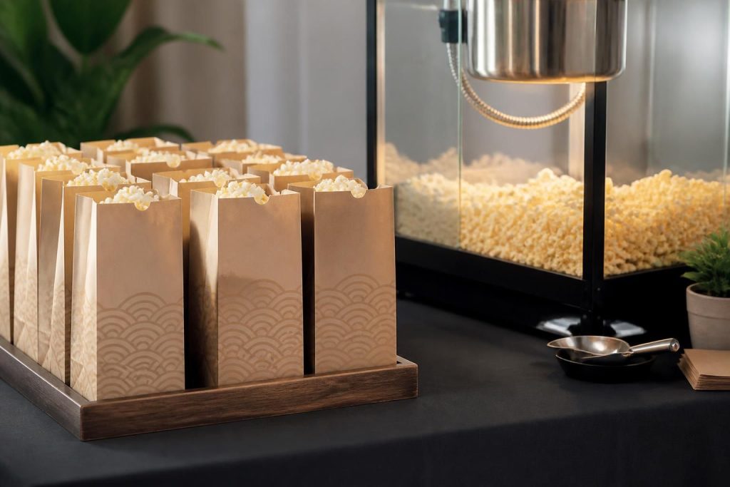 Branded popcorn bags beside a clean event station.