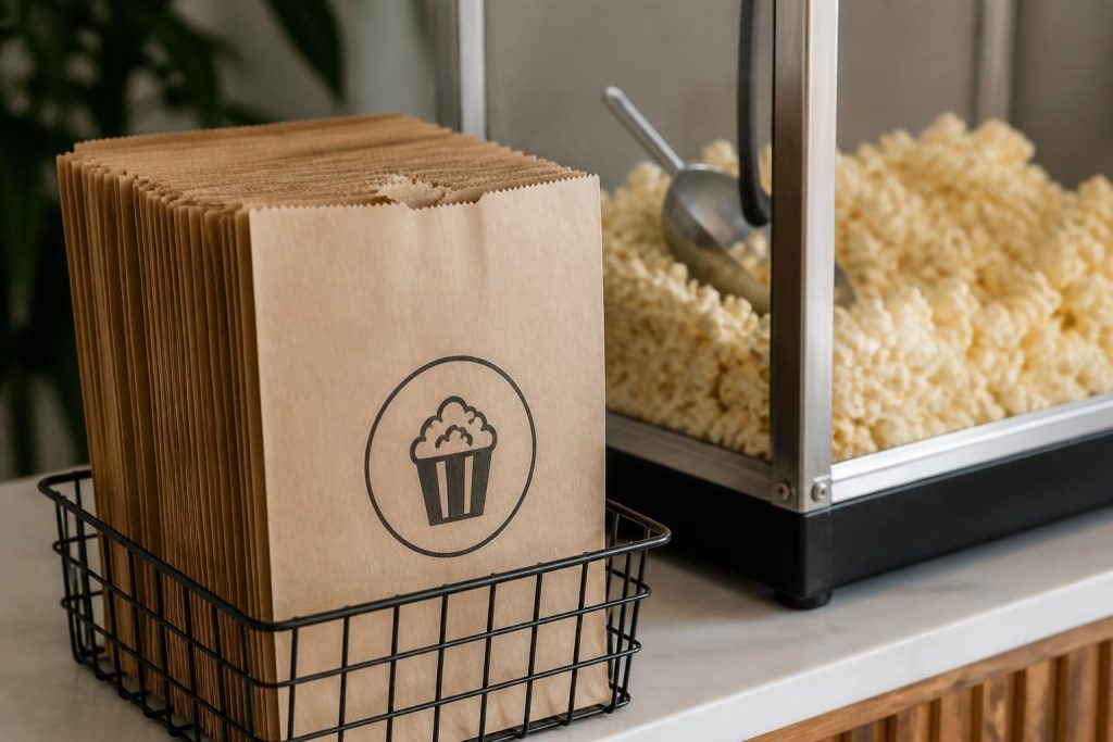 Branded popcorn bags beside a clean event popcorn station.