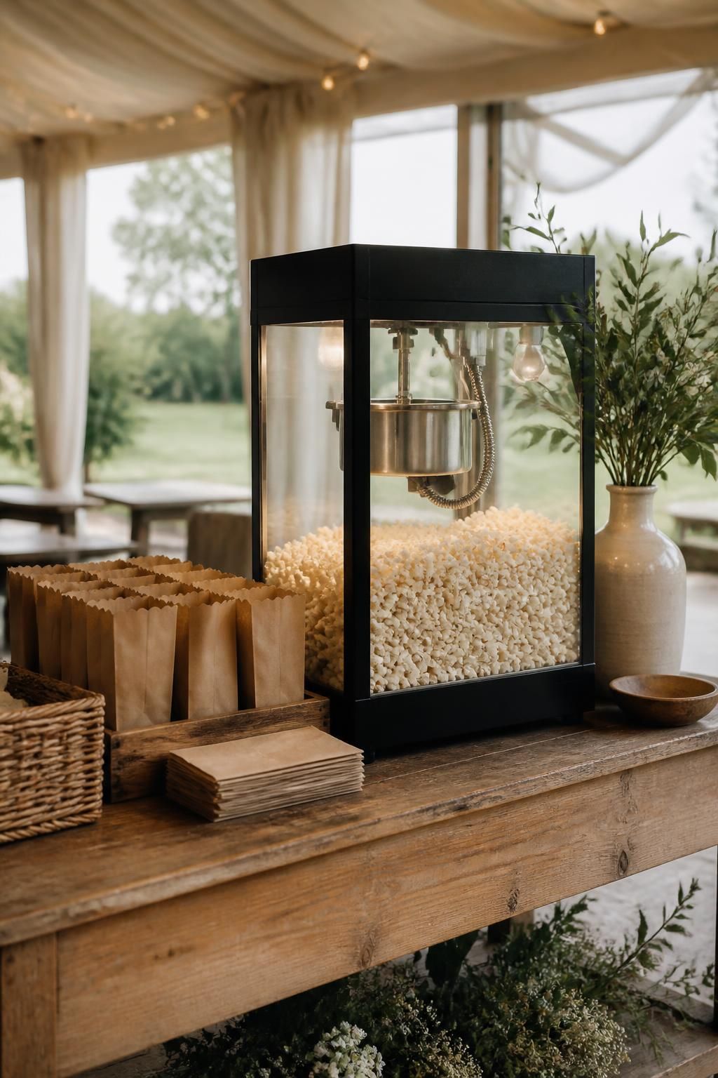 Clean popcorn stand styled in a modern event reception space.