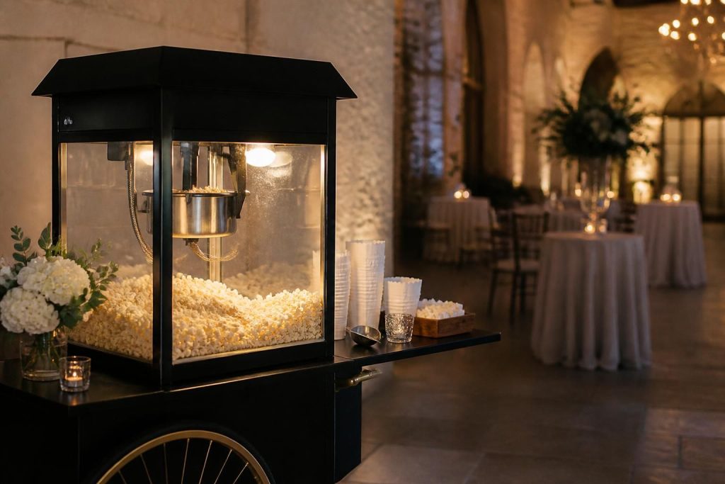Elegant popcorn cart setup in a warmly lit event venue.
