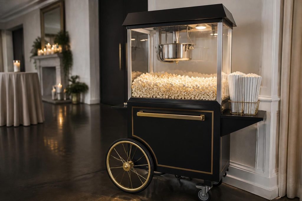 Stylish popcorn cart in a finished event space.