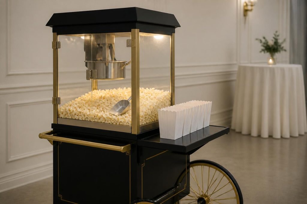 Rental popcorn cart in a clean event venue.