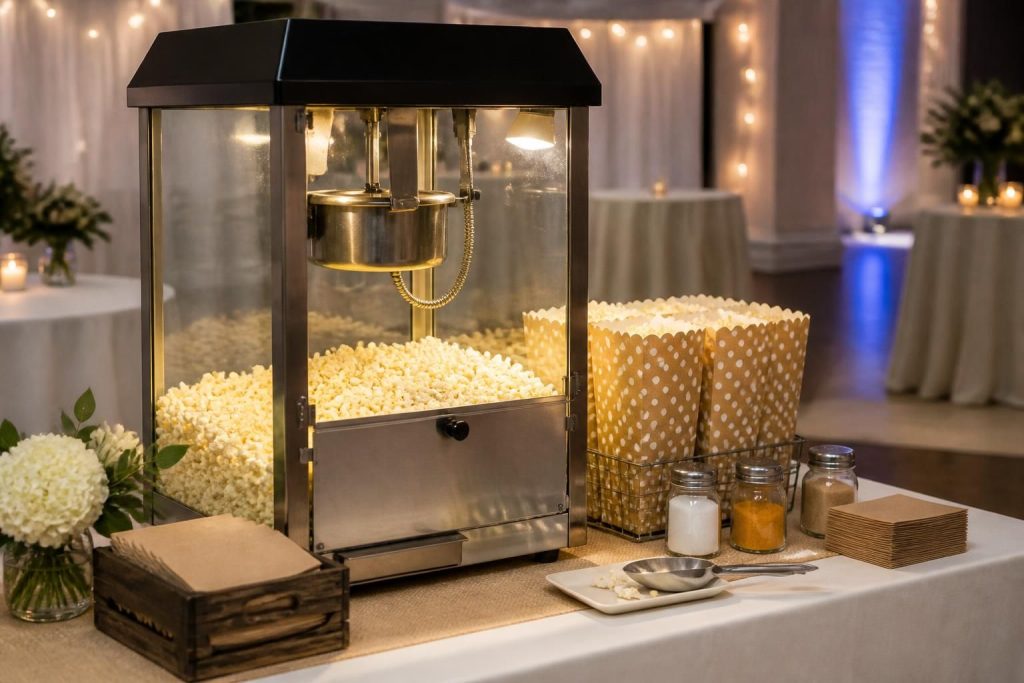 Complete popcorn service setup at a celebratory venue.