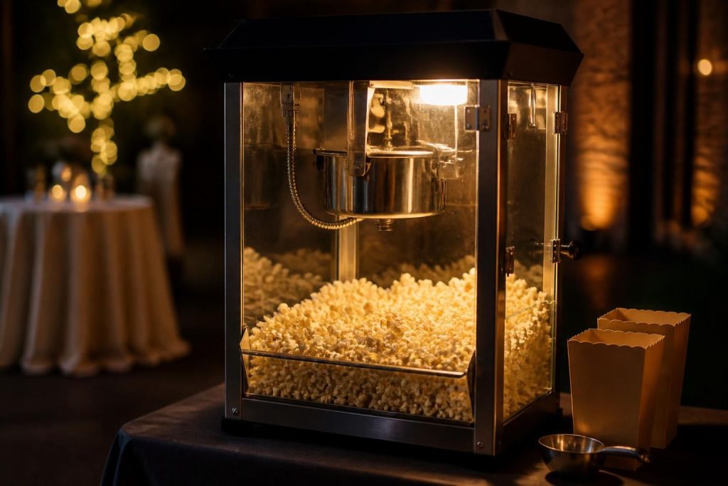 Finished popcorn machine at a warmly lit event.