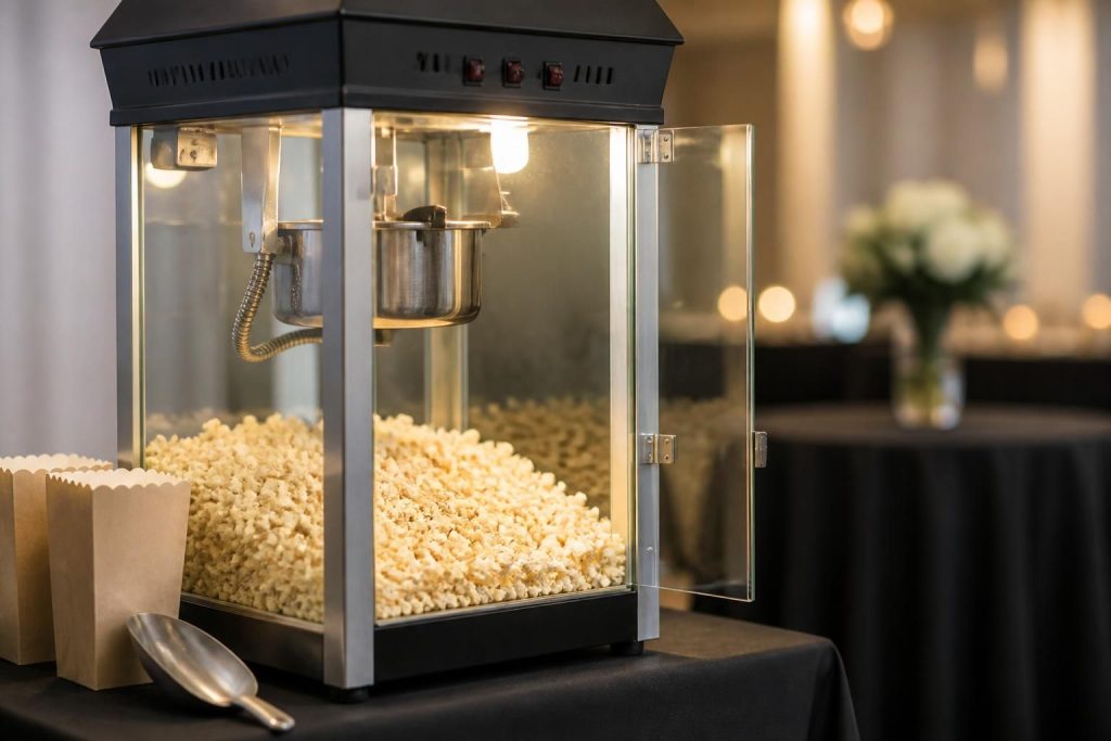 Popcorn maker setup with fresh popcorn at an event.